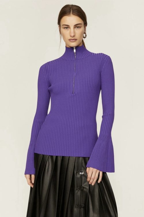 Proenza Schouler Purple Ribbed Zip Sweater Purple SMALL Bodycon Designer $990