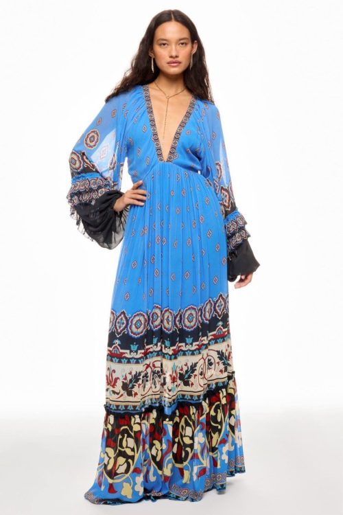Farm Rio Anika Tiles Cerulean Blue Maxi Dress Long Sleeve V-Neck Size XS (Flaws)