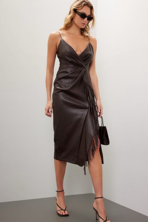 Simkhai Carlee Fringe Faux Leather Midi Dress Msrp $745