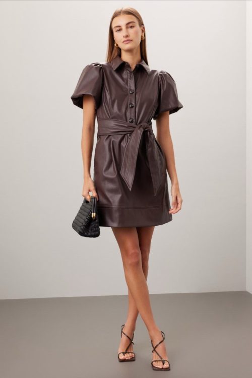 Toccon Puff Sleeve Faux Leather Dress Msrp $525 Size- 2