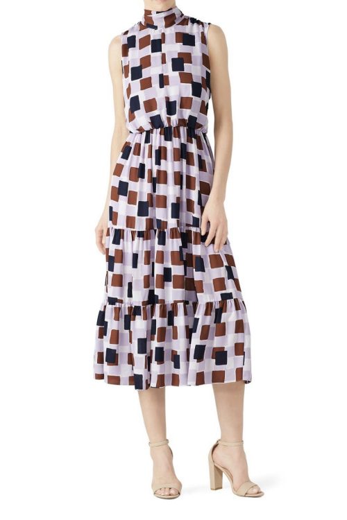 Kate Spade New York Geo Squares Square Tie Neck Midi Dress Size 6 Msrp $428