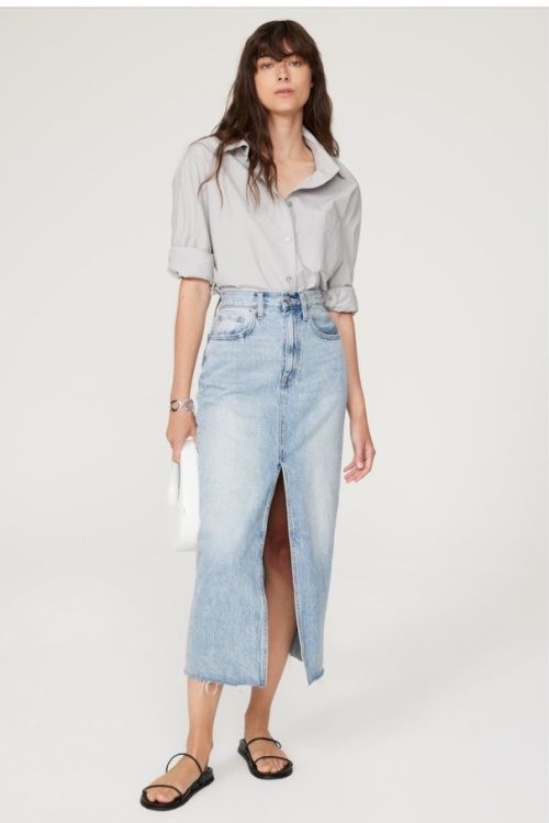 PISTOLA Alice Denim Midi Skirt Front Slit Msrp $168 Size 31