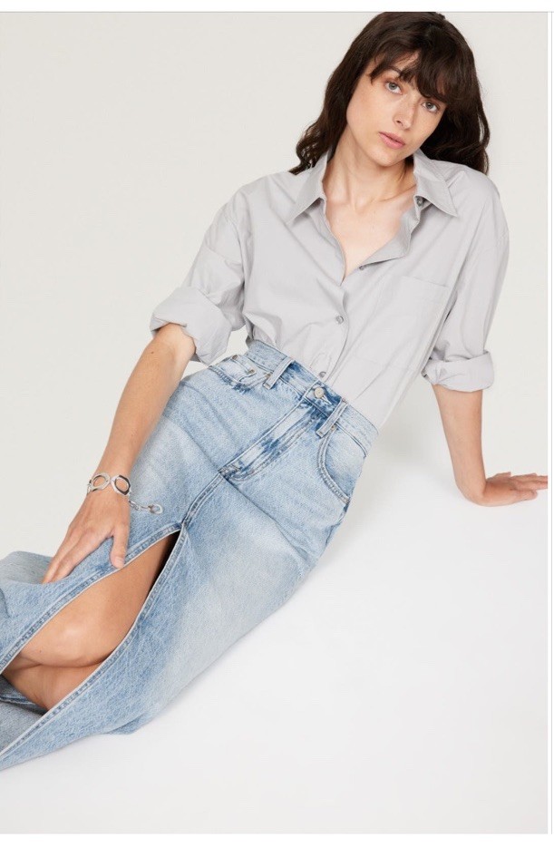 PISTOLA Alice Denim Midi Skirt Front Slit Msrp $168 Size 31