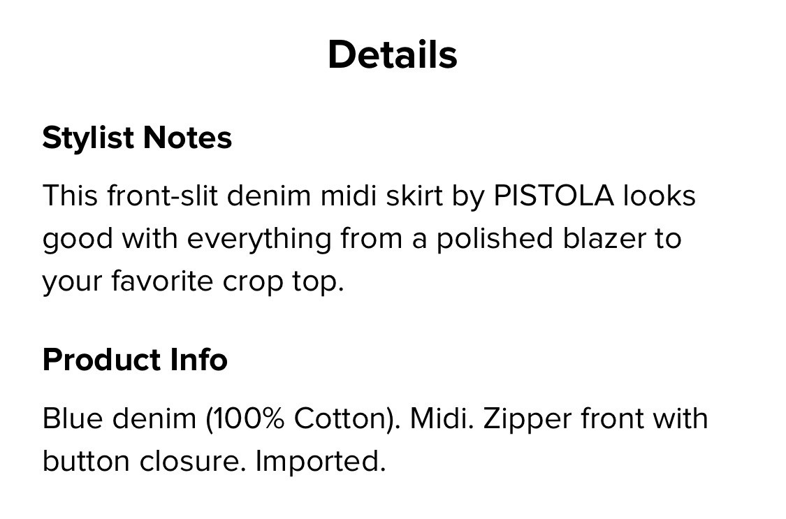 PISTOLA Alice Denim Midi Skirt Front Slit Msrp $168 Size 31