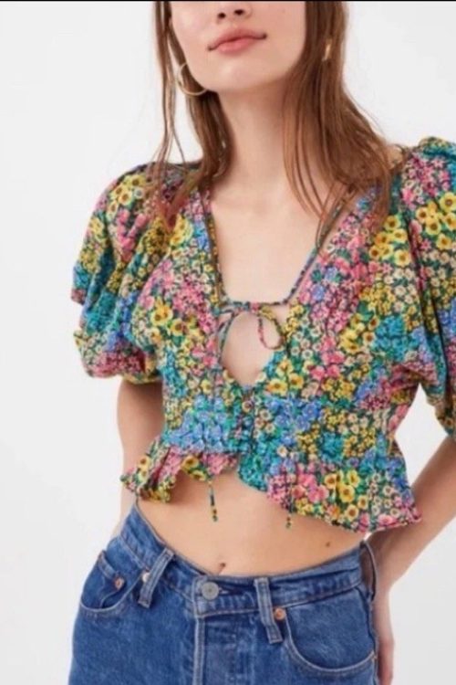 For Love And Lemons Ruth Crop Top Puff Sleeve Multi Color Top Size Small. $149