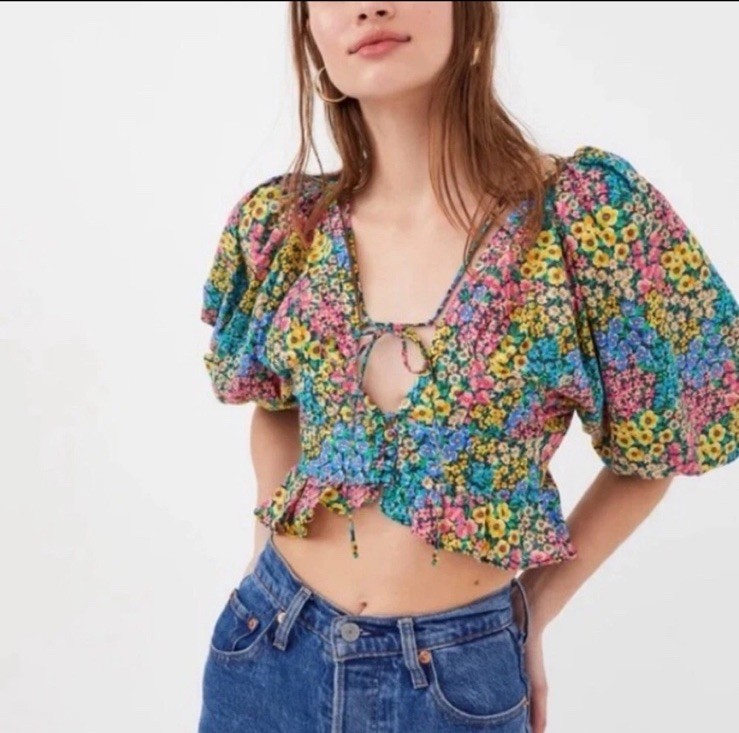 For Love And Lemons Ruth Crop Top Puff Sleeve Multi Color Top Size Small. $149