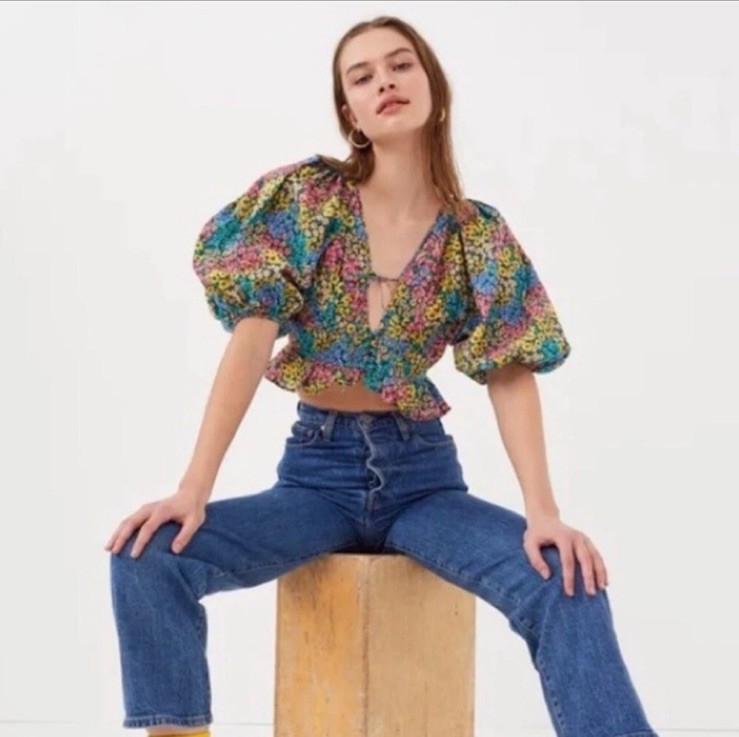 For Love And Lemons Ruth Crop Top Puff Sleeve Multi Color Top Size Small. $149