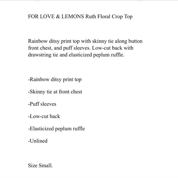 For Love And Lemons Ruth Crop Top Puff Sleeve Multi Color Top Size Small. $149