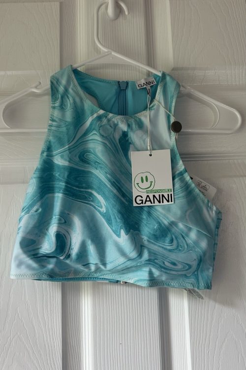 Ganni Bachelor Blue Resort Vacation Bikini Top Back Zip Water Tie-dye EU 34