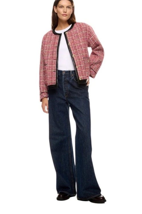 English Factory Red Plaid Faux Leather Trim Tweed Jacket Msrp $210 Size S