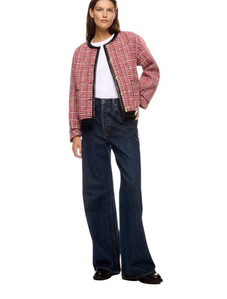 English Factory Red Plaid Faux Leather Trim Tweed Jacket Msrp $210 Size S