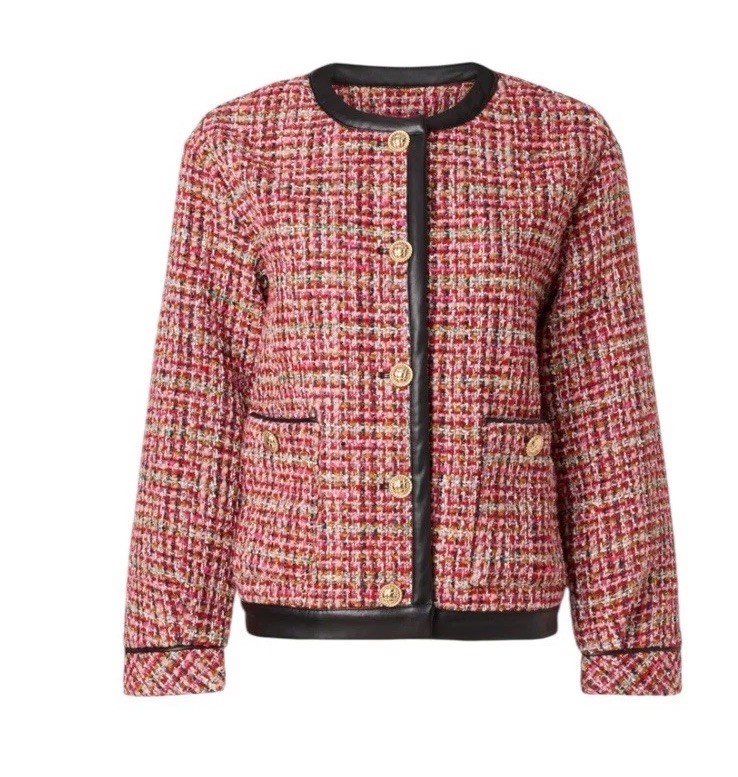 English Factory Red Plaid Faux Leather Trim Tweed Jacket Msrp $210 Size S