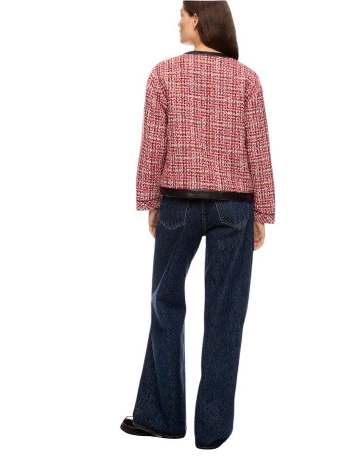 English Factory Red Plaid Faux Leather Trim Tweed Jacket Msrp $210 Size S