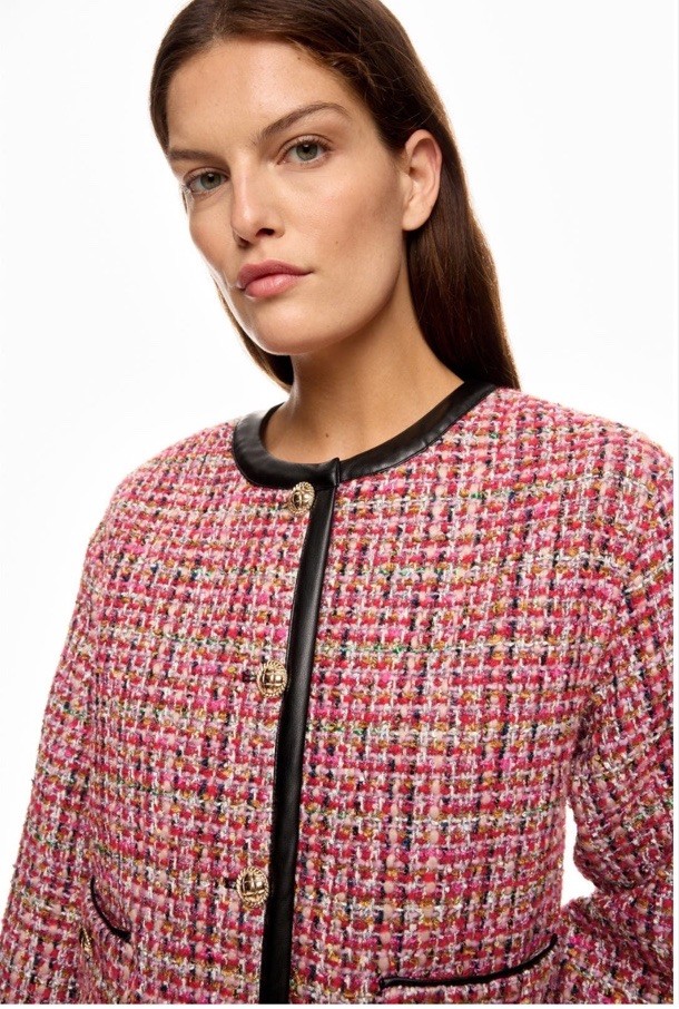 English Factory Red Plaid Faux Leather Trim Tweed Jacket Msrp $210 Size S