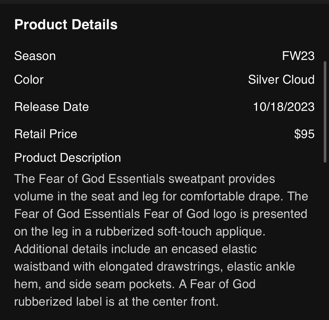 Fear Of God Silver Cloud Sweatpants Size M