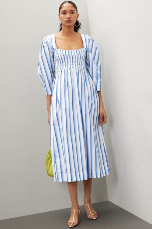 GANNI Blue Striped Cotton Smock Midi Dress Msrp $375 Size 32/0