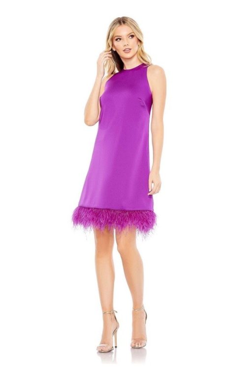 NWT Mac Duggal Purple Feathered Hem High Neck Trapeze Dress $298 Size 2