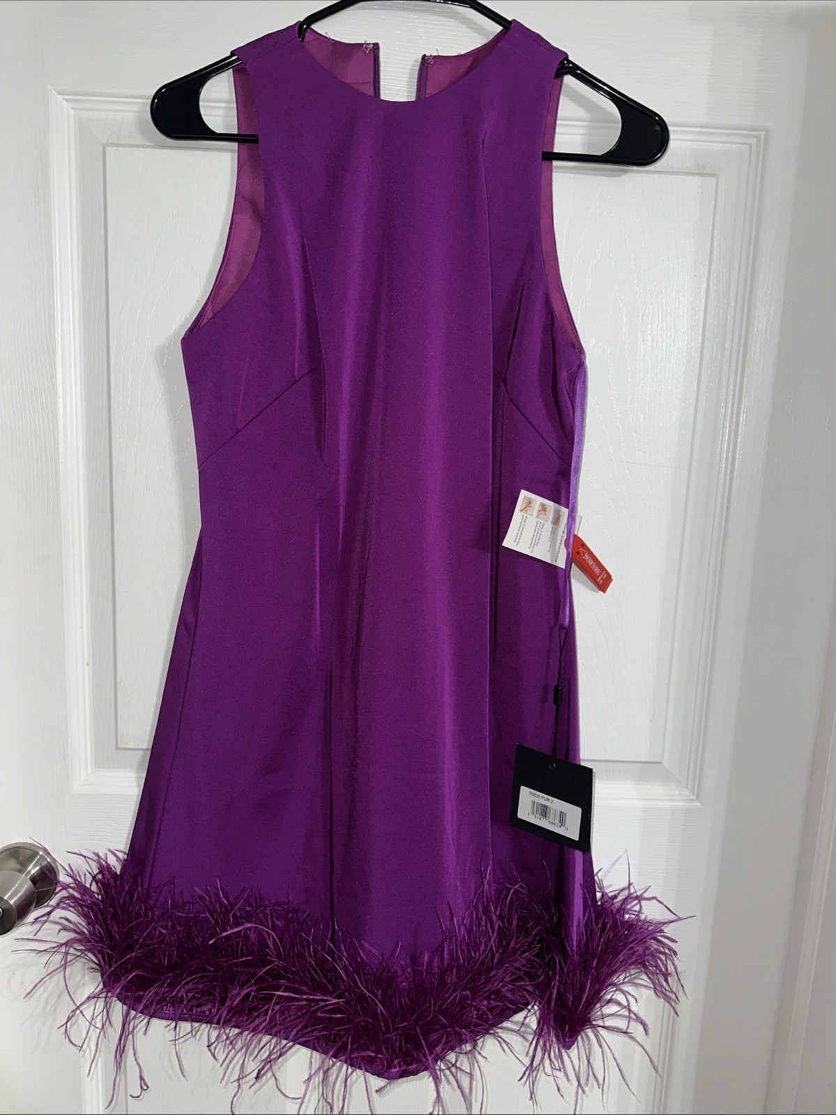 NWT Mac Duggal Purple Feathered Hem High Neck Trapeze Dress $298 Size 2