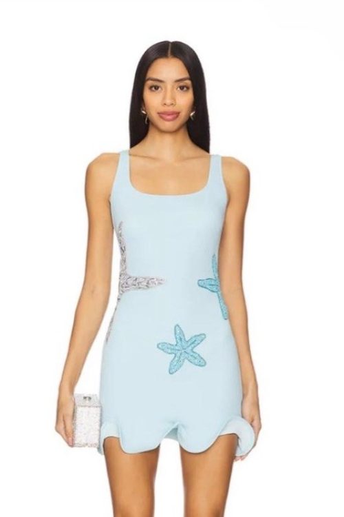 NWT Leslie Amon Starfish Beaded Crepe Jersey Mini Dress $487 Size L