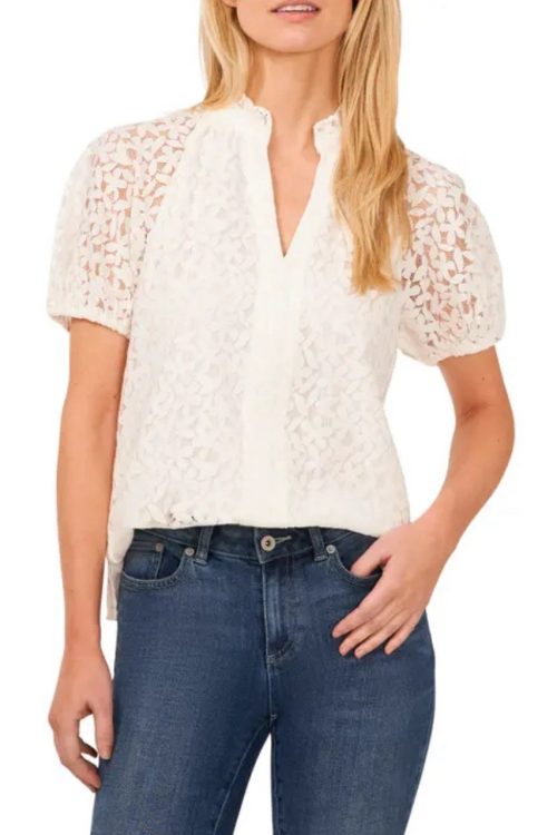 NWT Cece Puff Sleeves Polo Shirt Blouse Size L $135