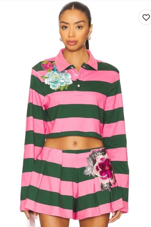 NWT Area Embroidered Flower Cropped Polo Top $595 Size M