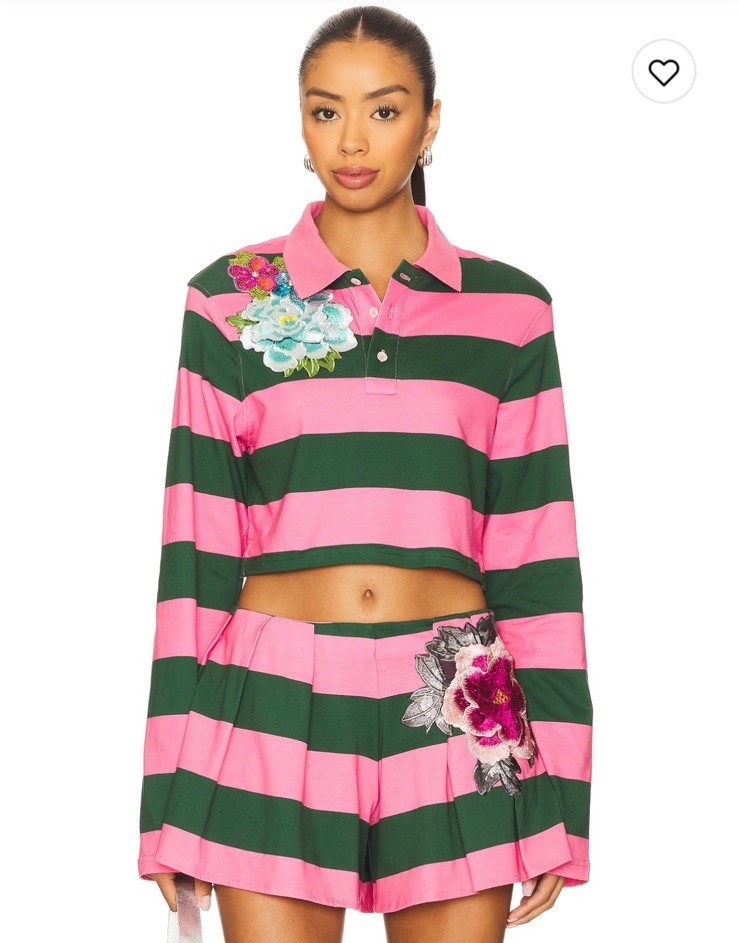 NWT Area Embroidered Flower Cropped Polo Top $595 Size M