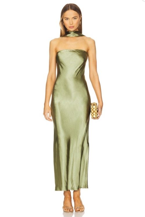 NWT SNDYS Angelina Neck Tie Maxi Dress In Olive Size XXS