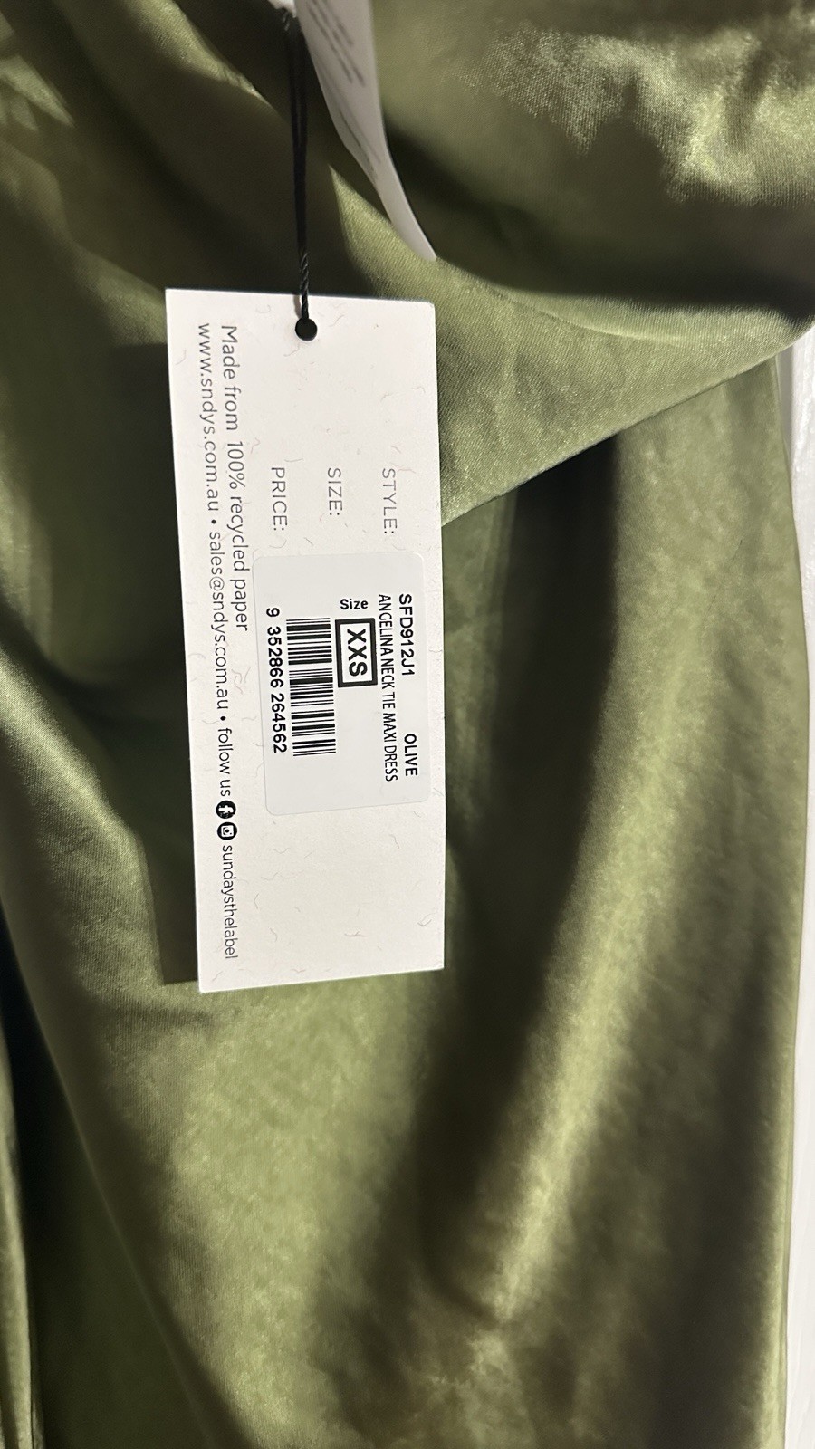 NWT SNDYS Angelina Neck Tie Maxi Dress In Olive Size XXS