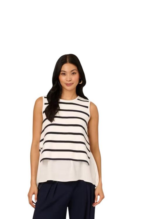 Adrianna Papell Textures Stripped Cropped Vest Ivory Navy Size Small Casual