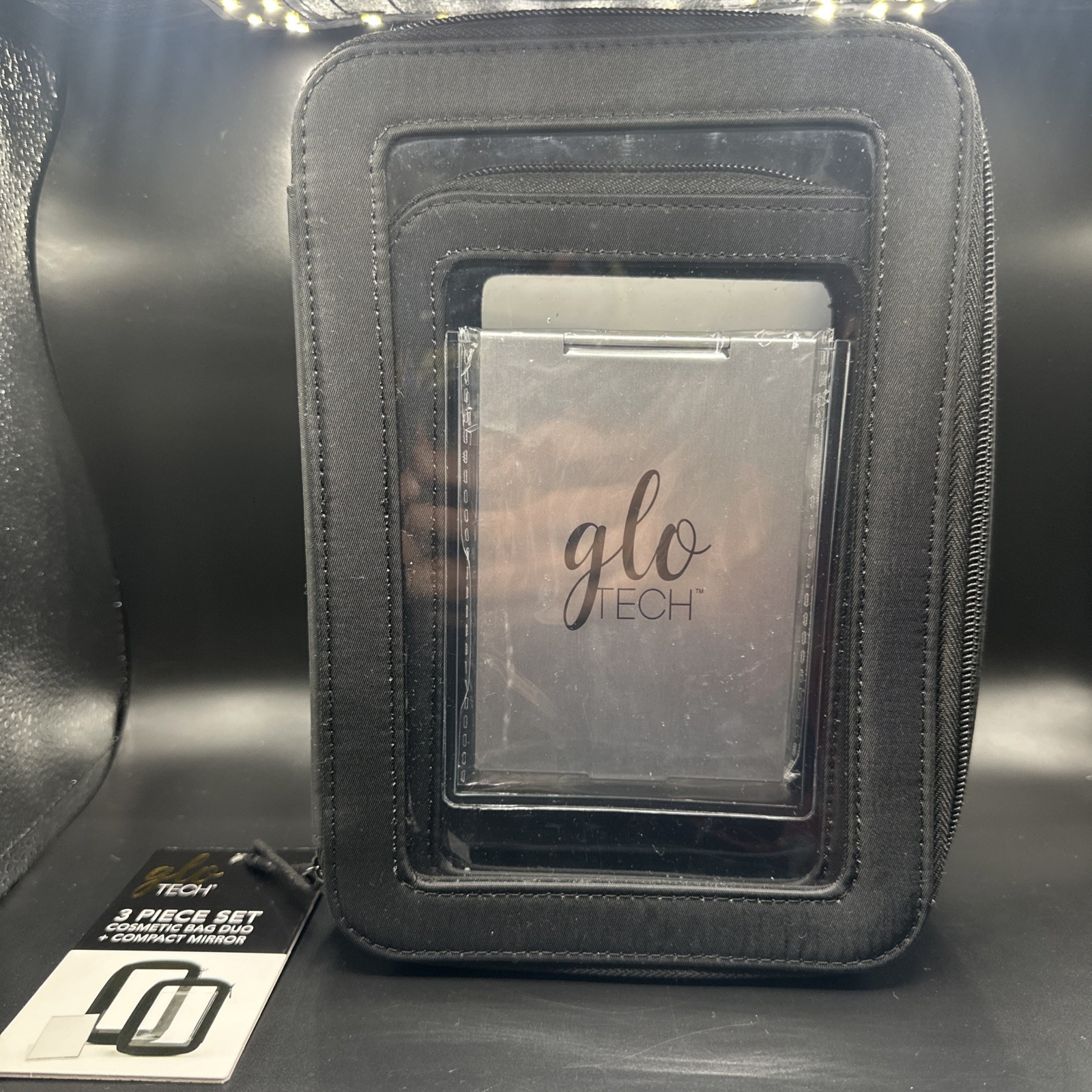 New Glo Tech Black 3 Piece Set - Cosmetic Bag Duo + Compact Mirror